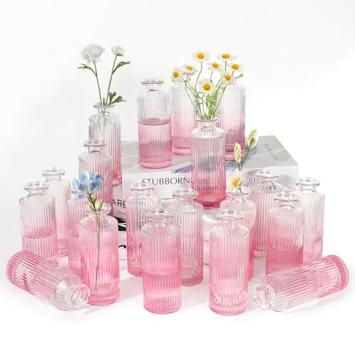 Glass Bud Vases Set of 20, Living Bud Vases, Small Bud Vase in Bulk, Mini Flowers Vases for Centerpiece, Vintage Decorative Vase Set for Table Decorations, Wedding Reception, Home Decor (Pink) - color: Pink