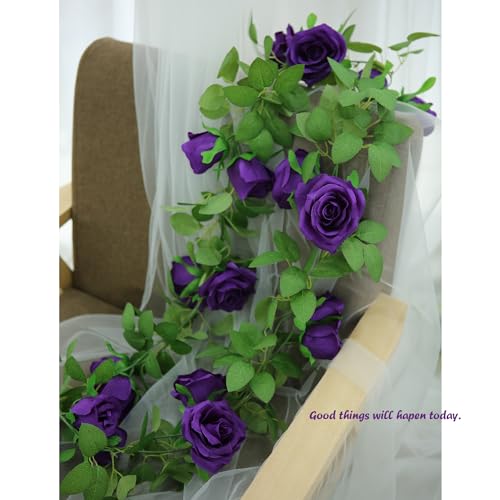 Felice Arts 2 Pack Dark Purple Artificial Flower Garland Each 6.5FT Fake Rose Vine Hanging Floral Garland for Wedding Flowers Table Arrangement Room Teepee Mirror Decor - color: Darkpurple