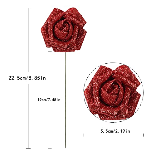 IPOPU Artificial Flowers,50pcs Red Sparkly Roses Glitter Flowers Bling Artificial Roses with Stem for DIY Wedding Bridal Bouquet Home Party Decoration(Red) - color: 50pcs Red