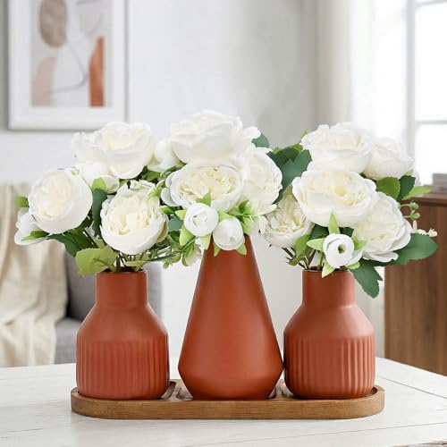 Flower Table Centerpiece - Dining Table Centerpiece Decor Set of 3 Fake Peonies in Ceramic Vases & Wood Tray Modern for Kitchen Island Living Room Coffee Table Home Decor (White) - color: White