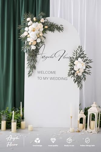 Deluxe Wedding Arch Flowers with Drapes Kit Pack of 4, 2pcs Champagne & White Sage Hanging Silk Flowers Arrangement 2pcs Chiffon Drapes for Ceremony Arbor Party Outdoor Decor - color: Champagne & White Sage