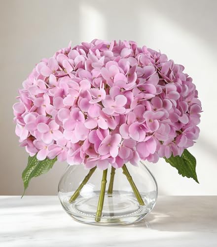 Real Touch Faux Hydrangea Flowers in Glass Vase, No Watering Needed Silk Hydrangea Artificial Flowers for Farmhouse Wedding Decor Dining Table Centerpiece Bedroom Decor - color: Pink