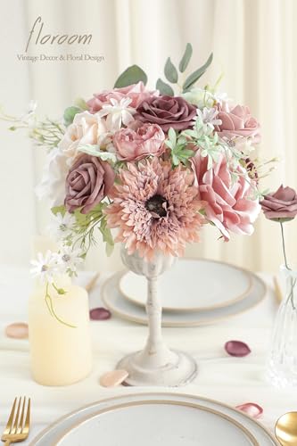 Floroom Dusty Rose Mauve Artificial Flowers Fake Roses Peony and Greenery Combo Box Set for DIY Wedding Bouquets Bridal Shower Centerpieces Floral Arrangements Party Tables Home Decorations - color: Vintage Dusty Rose