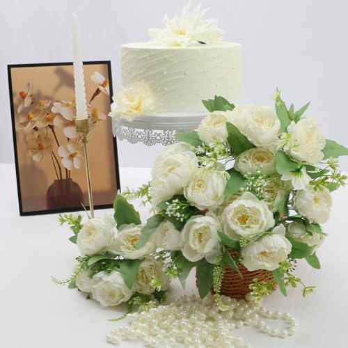 12 Bundles White Peonies Artificial Flowers Bulk for Centerpiece | Realistic Silk Flowers, Wedding Decoration, Home Table Centerpiece, DIY Bouquet - color: White