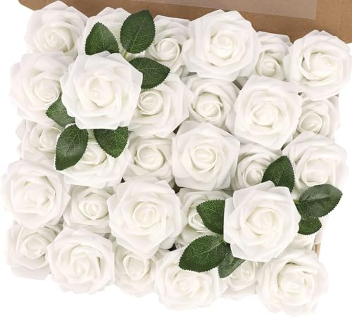 MACTING Artificial Flower Roses 30PCS Fake Flowers with Stem Real Touch Foam Roses DIY Bouquet Arrangements Table Centerpieces Party Bridal Shower Summer Wedding Decor,White - color: White-1, size: 30PCS