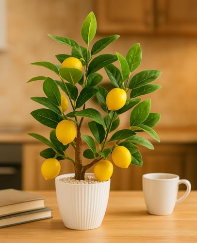 AceList Artificial Lemon Tree with White Pot, 18” Faux Citrus Plant for Kitchen, Bathroom, Office or Shelf Decor, Vibrant Year-Round Home Accent Gift - color: Lemon