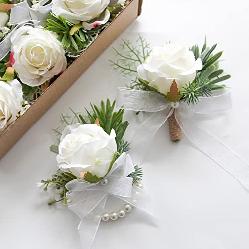 Floroom 3pairs Ivory Rose Wrist Corsage Wristlet Band Bracelet and Men Boutonniere Set for White Wedding Prom - color: 3 Boutonniere & 3 Wrist Corsage