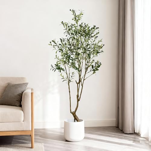 Olive Trees Artificial Indoor 5.5ft(66in) Tall,Artificial Plants with Natural Wood Trunk and Lifelike Fruits,Modern Artificial Plant,Fake Greenery Tree,Housewarming Gifts - color: Olive Tree(1), size: 7ft