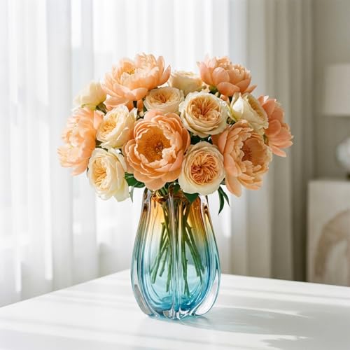 Hand Blown Glass Vase for Flowers, 9.45" Unique Murano Style Art Glass Vase, Fluted Teal Amber Ombre Decorative Vases for Home Decor, Living Room Table Centerpiece, Bookshelf, Wedding Gift
