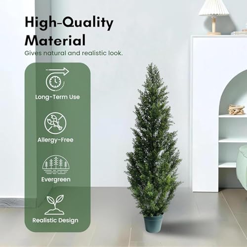 4 Feet Outdoor Artificial Topiary Cedar Tree, Set of 2 UV Resistant Potted Faux Cedar Trees for Outdoors and Indoors, Decorative Fake Shrubs Topiary Trees for Home Living Room Front Door Decor - size: 4 feet