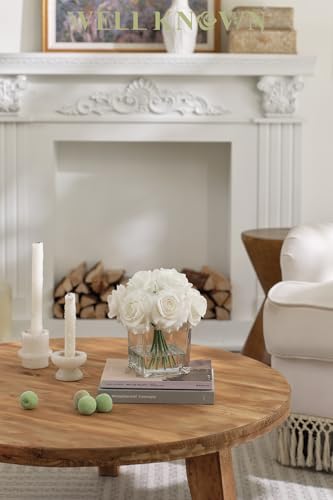 WELL KNOWN Rose Artificial Flowers in Vase with Faux Water, Ivory White Silk Rose Table Centerpieces for Home Coffee Table Decor, Fake Roses Flower Arrangements for Office Hotel Lavatory Decor - color: Ivory