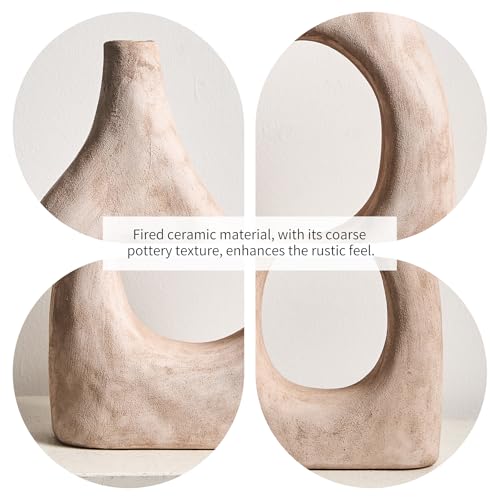Large Boho Ceramic Floor Vase for Home Decor, Matte Narrow Hollow Vase for Pampas Grass, Minimalist Decorative Centerpiece for Living Room, Entryway, Office (Beige Medium) - color: Beige Medium