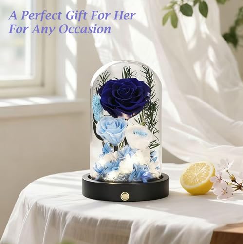 Eternal Roses, Preserved Flowers in Glass Dome, Blue Forever Flowers for Delivery, Valentines Day Mothers Day Anniversary Birthday Gifts for Grandma Women Her Mom Girlfriend Wife - color: New Blue
