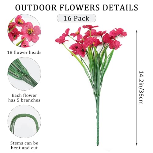 16 Bundles Artificial Flowers for Outdoors Fake Flowers Faux Plants for Indoor Outside Garden Porch Window Box Hanging Planters Home Farmhouse (Rosered) - color: Rosered, size: 15inches-16pcs