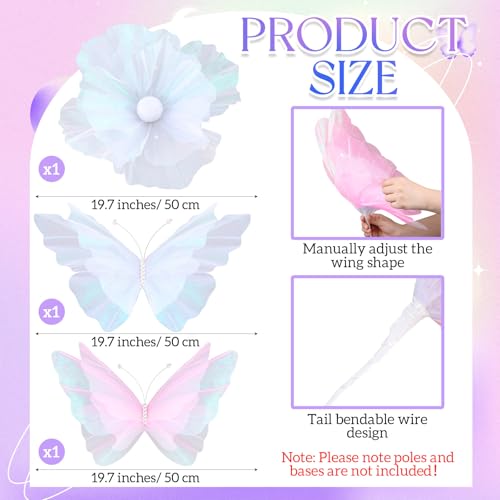 Havawish 5.2ft Giant Butterfly Decoration Huge Artificial Gauze Butterflies with Standing Base for Wedding Church Party Birthday Home Garden Backdrop Decorations(3 Pcs,White,Pink,Butterfly and Flower) - color: White,pink, size: Butterfly and Flower