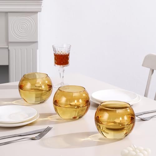 Amber Round Vases Set of 6, Flower Vases for Centerpieces, Glass Vase for Flowers, Glass Bowl Vase for Living Room, Bedroom, Kitchen, Office, Wedding, 5'' W x 4'' H - color: Amber, size: 5”