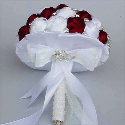 Wedding Bouquets Crystal Satin Rose Bride Bridal Bouquet Romantic Bridesmaid Holding Flower for Valentine's Day Confession Party Church Decor (Wine Red White) - color: Wine Red White