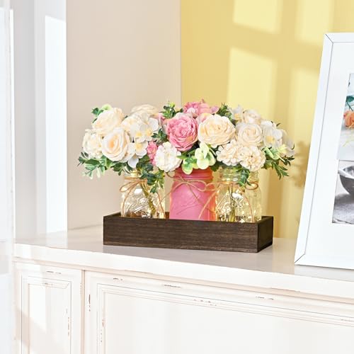 BLEUM CADE Centerpiece Table Decorations - Mason Jar Lights Centerpiece for Kitchen Dining Table Farmhouse Coffee Table Wedding Home Decor with 3 Jars Roses Artificial Flowers & Wood Tray - color: Pink-rose