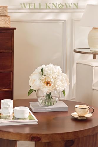 WELL KNOWN Artificial Flowers in Vase, Silk White Peonies Flowers with Glass Vase & Faux Water, Fake Flower Arrangement for Home Table Centerpieces Spring Wedding Party Decor Mom's Birthday Gift - color: Ivory White