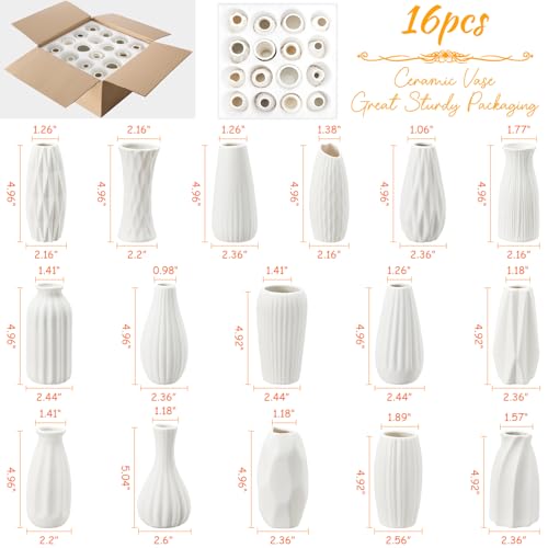 16packs Small White Ceramic Vases - Mini Flower Vases for Centerpieces, Boho Home Decor, White Bud Vase Set for Weddings Table Decor, Pampas Grass - color: White-set of 16