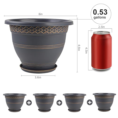 Usocik 8 Inch Plaid Plant Pots 6 Pack with Drainage and Saucers Gold | Gold plaid PP pots with drainage holes and saucers for herbs succulents starter plants shelves windowsills - color: Gold, size: 8 Inches-6 packs