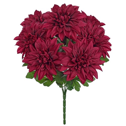 Hollyone Dark Red Artificial Dahlia Flowers Bush 7 Heads Silk Fake Dahlias Flowers with Stems Wedding Bouquets Faux Dahlia Flowers Arrangements for Outdoor Indoor DIY Table Centerpieces Home Decor - color: Dark Red