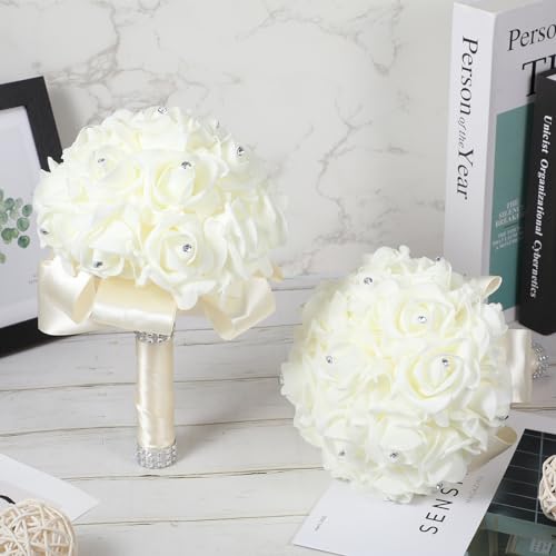 Jutom 10 Pack Wedding Bouquets for Bride Roses Bridesmaid Bouquet Bridal Bouquet Flowers Wedding Hand Holding Bouquet with Diamond Soft Ribbons for Engagement Bridal Shower Church Party (Cream) - color: Cream