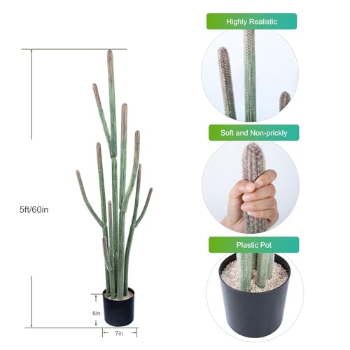 Nafresh Tall UV Resistant Faux Cactus Plant，60in Realistic Texture Tall Fake Plant, Artificial Cactus Large with Black Pot Indoor Outdoor for Home Office Living Room Bedroom Foyer Porch Decor. - size: 60in with basic plastic black planter