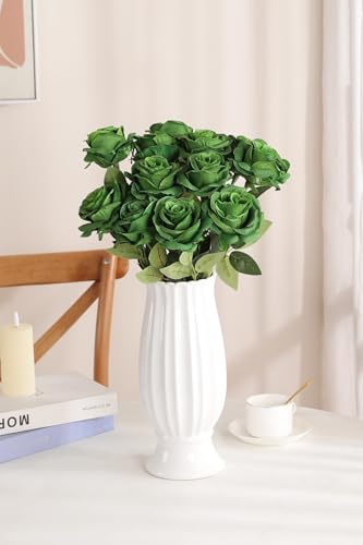 Luyue 10PCS Artificial Roses Flower with Stems Slik Fake Flowers Bouquet Realistic Long Stem Faux Rose for Valentines Day Wedding Home Decor - color: Dark Green