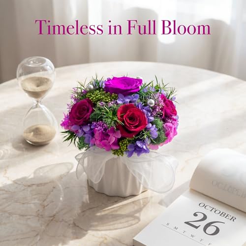 Preserved Flower Bouquet with Vase for Delivery Prime | Natural Forever Rose Gift For Women (Purple Eternal Floral Arrangement) - color: Dark Purple