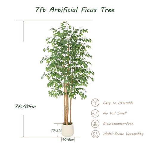 Bellacat 7ft Artificial Ficus Tree with White Decorative Planter & Multiple Real Wood Trunks, 84in Fake Ficus Tree with Lifelike Leaves, Faux Ficus Tree for Living Room Bedroom Office Decor - color: White Decorative Planter, size: 7ft