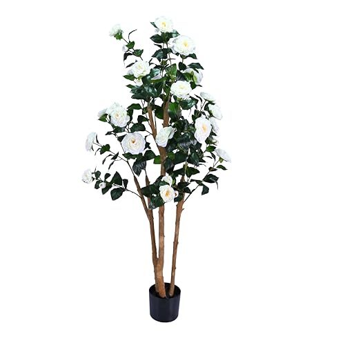 Lifelike Artificial Trees Camellia with Natural Wood Trunks, Evergreen Silk Faux Rose Trees with Silk Flowers, Home Decor Indoor for Living Room, Porch, Office（White，5FT*1） - color: White, size: 5ft
