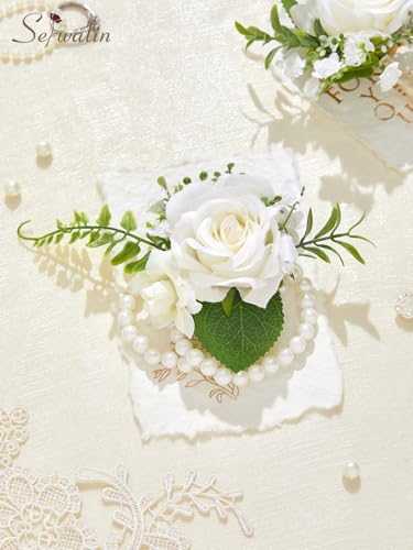 Serwalin 6 PCS White Wrist Corsage for Wedding, Corsages Wristlet for Bride Bridesmaid Mother Grandmother Girl, Artificial Flowers for Prom Ceremony Homecoming Anniversary - color: Ivory White, size: Corsage 6pcs