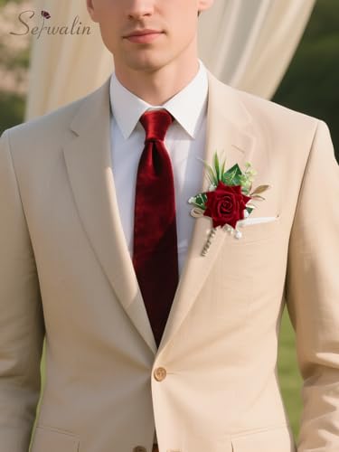 Serwalin 6PCS Burgundy Rose Boutonniere for Men Wedding Groom Groomsmen Best Man Boutonniere for Wedding Ceremony Anniversary Prom Flowers Formal Dinner Party, - color: Red, size: Boutonniere 6pcs