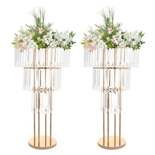 2Pcs 3 Tiers Wedding Centerpieces Vase, 28.34" Tall Wedding Centerpieces Crystal Flower Stand, 3-Tier Crystal Vase with 11.81" Round Base for Party Event Home Decoration (Gold) - color: 3 Tiers+gold+11.81" Round Base