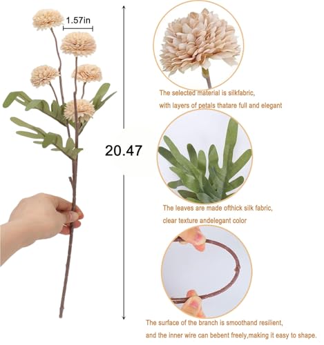 5pcs Beige Faux Silk Mums Artificial Flowers, Bulk Fake Small Mini Chrysanthemums with Stems for DIY Champagne Wedding Centerpieces Floral Arrangements Vase Fillers Home Decorations