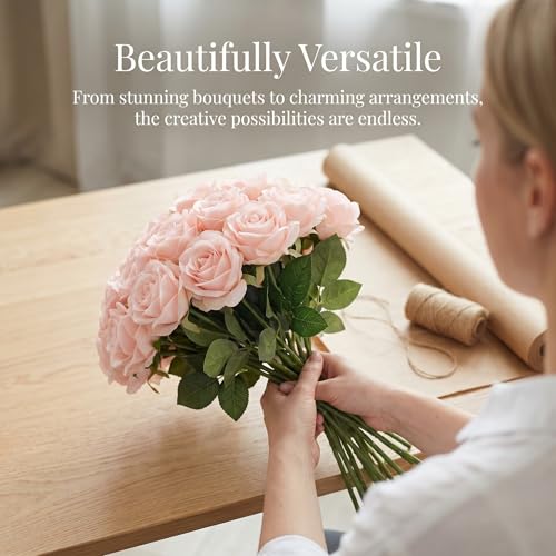 52pcs Blush Pink Roses Artificial Flowers Ivory Fake Flowers Silk Roses with Stems for DIY Wedding Bouquets Bridal Shower Centerpieces Arrangements Party Home Decorations - color: Blush Pink