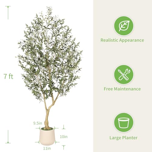 Realead 7ft Artificial Olive Tree with Tall Exquisite Planter - Realistic Fake Olive Tree with Thick Trunk and Lifelike Fruits - Large Faux Olive Tree for Home Office Decor - size: 7ft