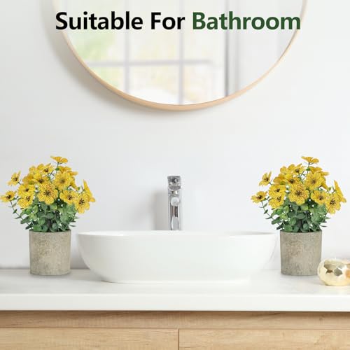 2 Pack Small Fake Plants Potted Artificial Plants Artificial Flowers Potted Faux Flower Daisy with Eucalyptus Leaves for Home Decor Office Room Farmhouse Indoor Table Bathroom Decor（Yellow） - color: Yellow