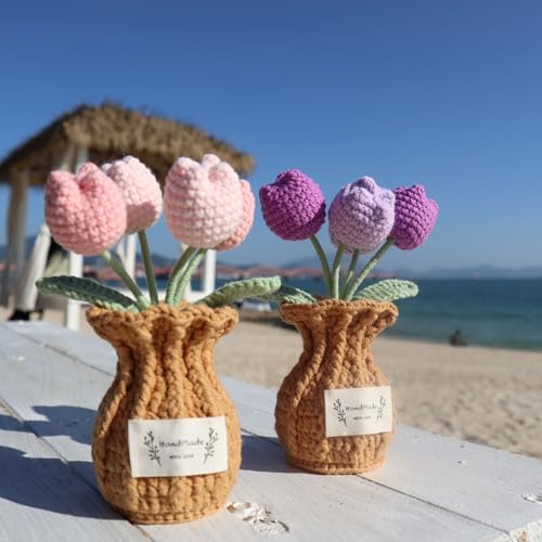 Tulip Crochet Flower Potted Plant Handmade Desk Decor Gift - color: D-tulip-pink