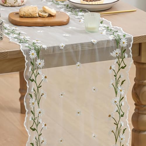 Artoid Mode Daisy Floral Milky White Shaped Gauze Embroidery Table Runner 120 Inch 10FT, Tulle Spring Summer Kitchen Dining Table Decor for Home Party - color: Milky White
