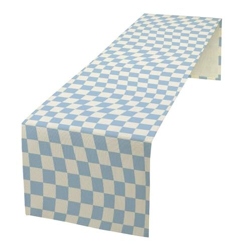 Groovy Hippie Table Runner Vintage Geometric Trendy Wavy Blue Checkered Dinner Runner for Country Farmhouse Kitchen Party Holiday 36X13inch - color: Checkered-3, size: L36"x W13"