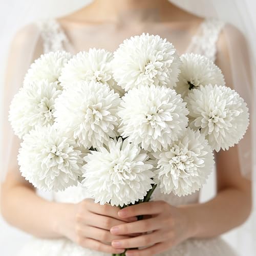 Tinsow 12 Pcs Artificial Flowers Faux Ball Chrysanthemum Bouquet Silk White Flowers Bridal Wedding Bouquet for Home Garden Party Wedding Decoration (White, 12) - color: White