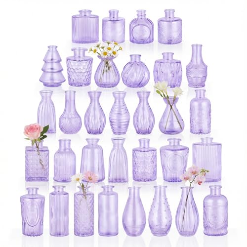 BEAHOT Bud Vase in Bulk - Flower Vases for Wedding Decorations, Glass Vase for Table Decorations, Small Vase for Home, Mother's Day, Centerpieces, Party, Office (32pack,Purple) - color: Purple