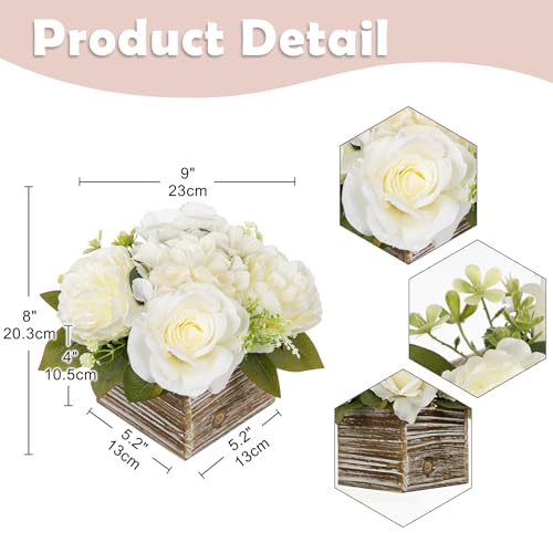 Flower Arrangement with Wooden Vase 8" Artificial Flowers in Pot - Fake Flowers Roses Peonies Hydrangeas in Wooden Vase Potted Artificial Flower Centerpieces for Table Decor Living Room - White - color: 8"h White
