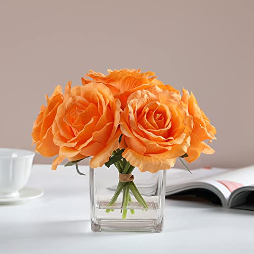 Silk Rose Artificial Flowers in Vase, Faux Floral Arrangement with Fake Water in Vase for Home Decor, Wedding Table (Orange) - color: Orange