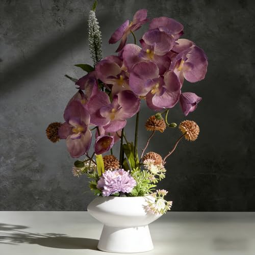 LESING Orchids Flowers Arrangement in Pot,Fake Silk Orchid Artificial Flower with Ceramic Vase Faux Orchid Flower Bonsai Vivid Phalaenopsis Flowers Potting Decoration (White Vase,Purple) - color: White Vase,purple