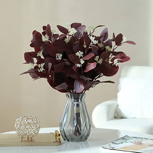 dallisten 20" Silk Artificial Eucalyptus Stems, 12Pcs Fake Eucalyptus Stem with Leaves Berries, Greenery Plants Floral Decorations for Wedding Party Flowers Arrangement Home Decor (Burgundy) - color: Burgundy