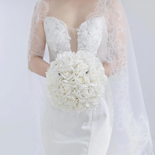 10 Inch Wedding Bouquets for Bride, Morandi Ivory Cream White Real Touch Rose Bridal Bouquet, Artificial Flower Bouquet for Wedding Ceremony, Prom, Bridal Shower - size: 10 Inch