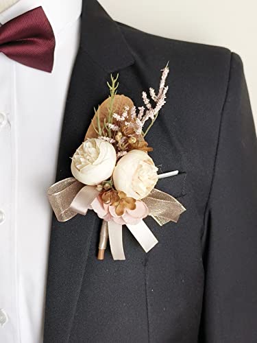 MAFELOE Wrist Corsage & Boutonniere Set, Creamy+Brown+Pink, 2 Pieces | Artificial Flowers, For Groom Bride Groomsmen Bridesmaids, Wedding Party Prom Suit Accessories